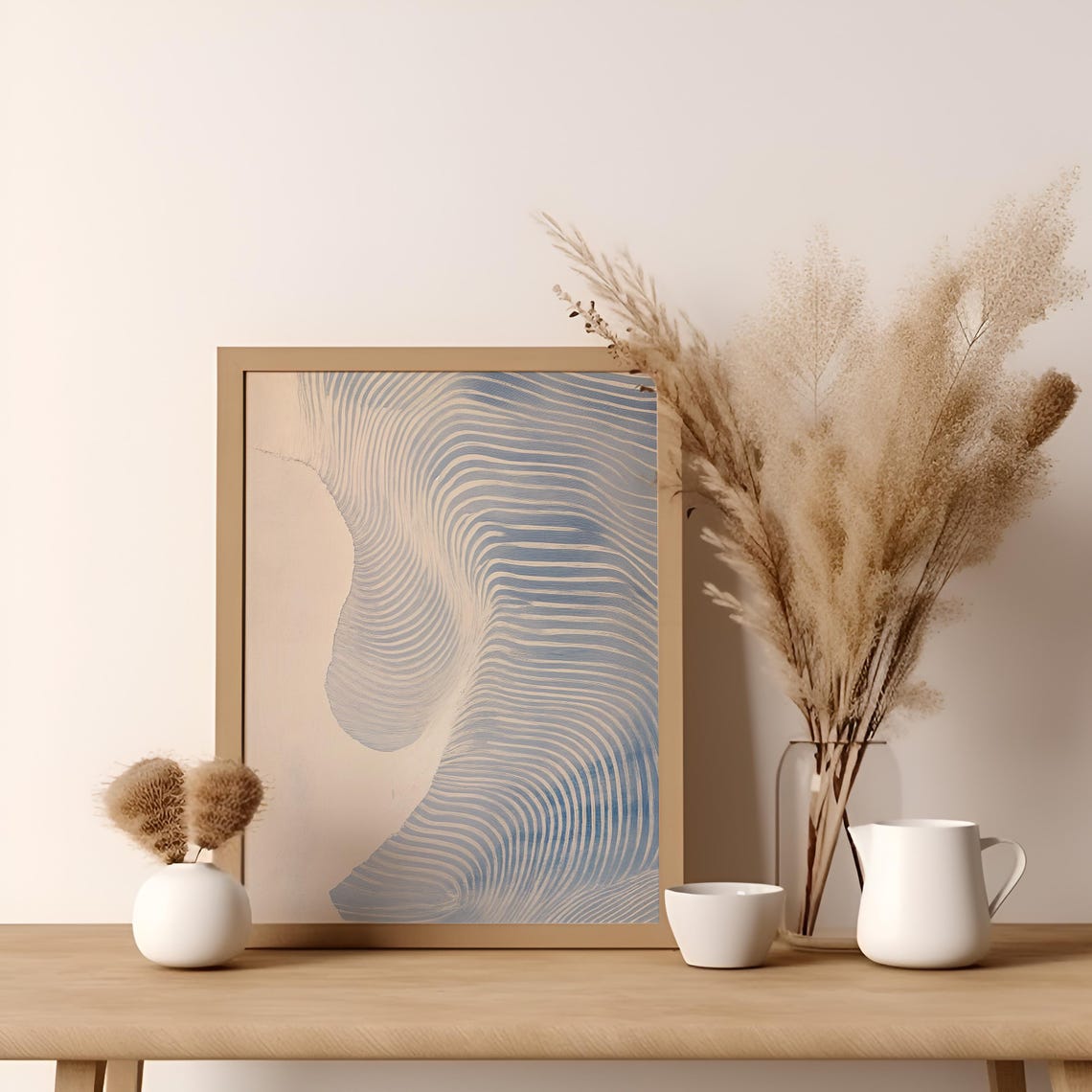 Calming Blue Wavy Line Art Minimalist Abstract Curved Waves Poster