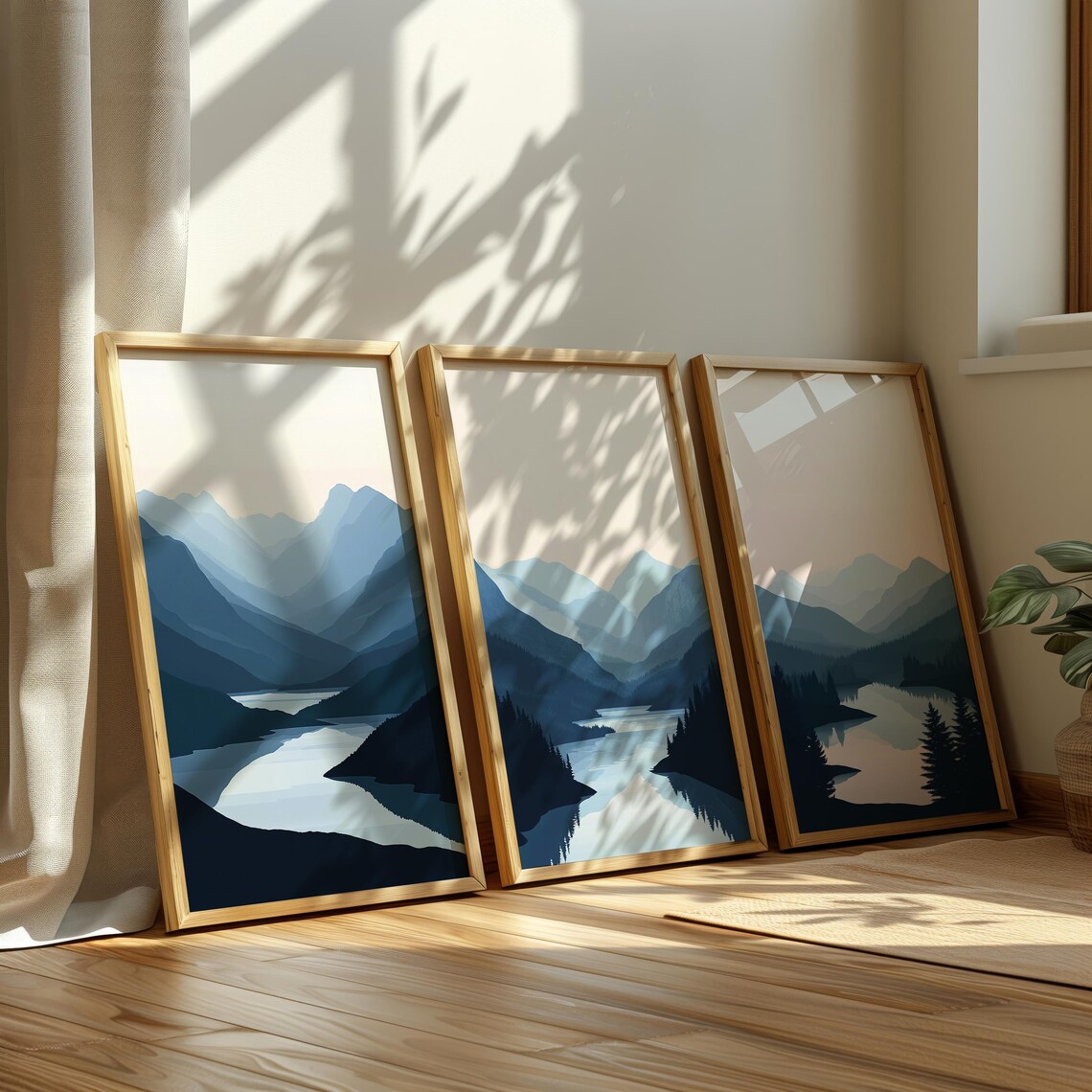 Blue Mountain Lake Triptych Minimalist Serene Landscape Poster - Image 4