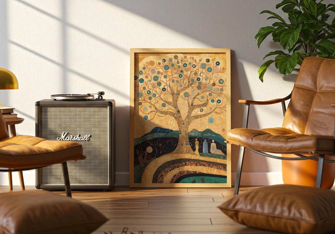 Golden Tree of Life Mosaic Teal Hills Fantasy Landscape Klimt Style Wall Art - Image 4