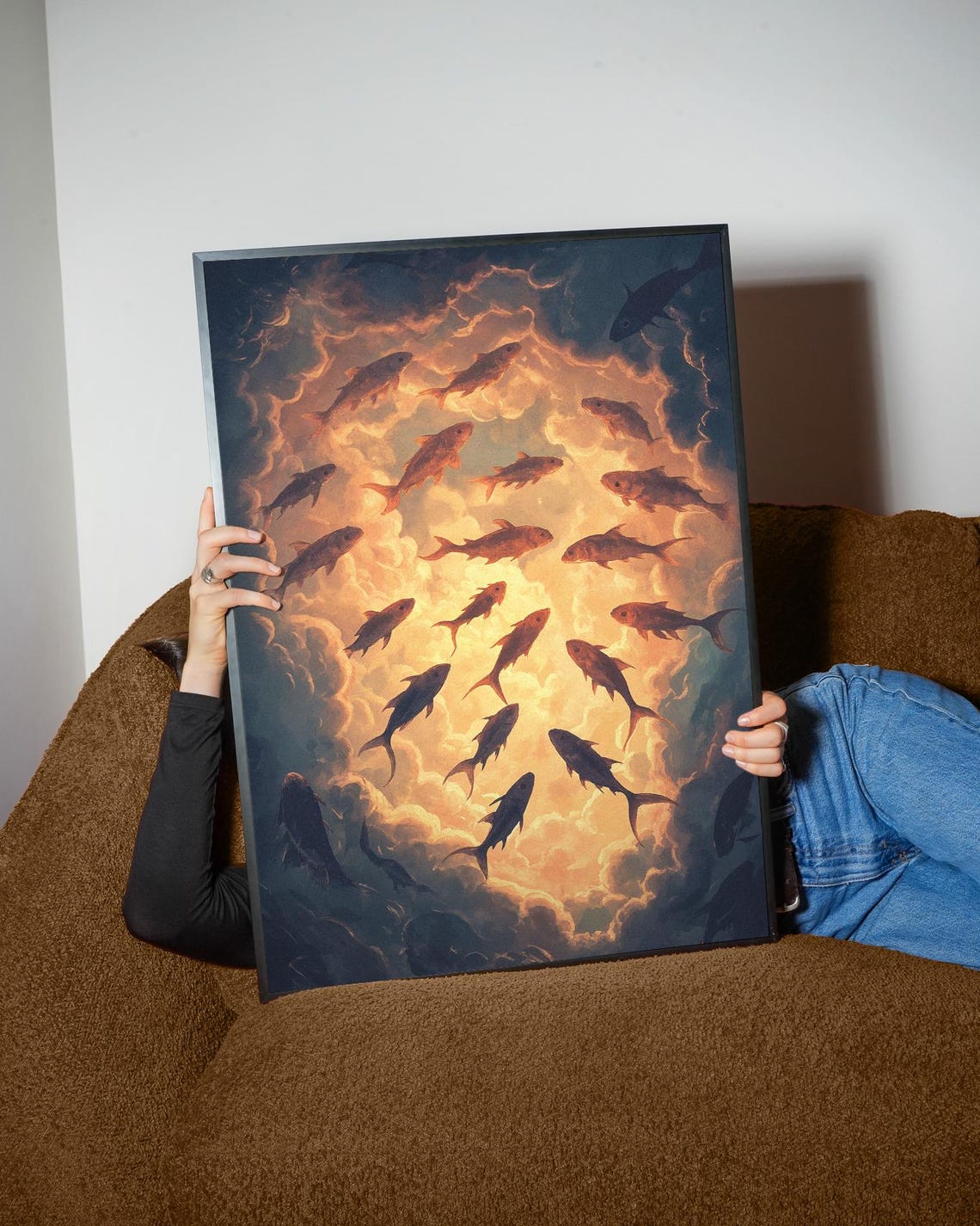Fish Swimming Golden Clouds Dreamlike Ocean School Sky Ethereal Poster - Image 3