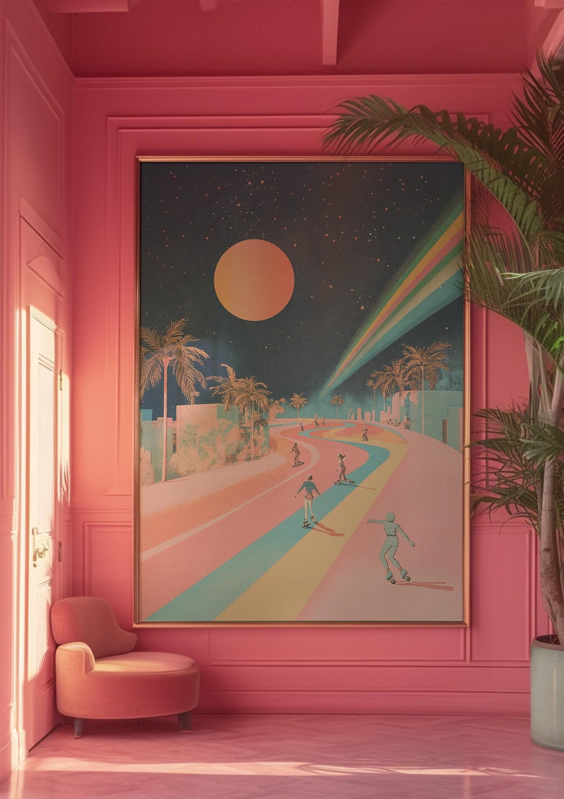 Retro Roller Skaters Pastel Sunset Dreamscape Skateboard Art Poster - Image 5