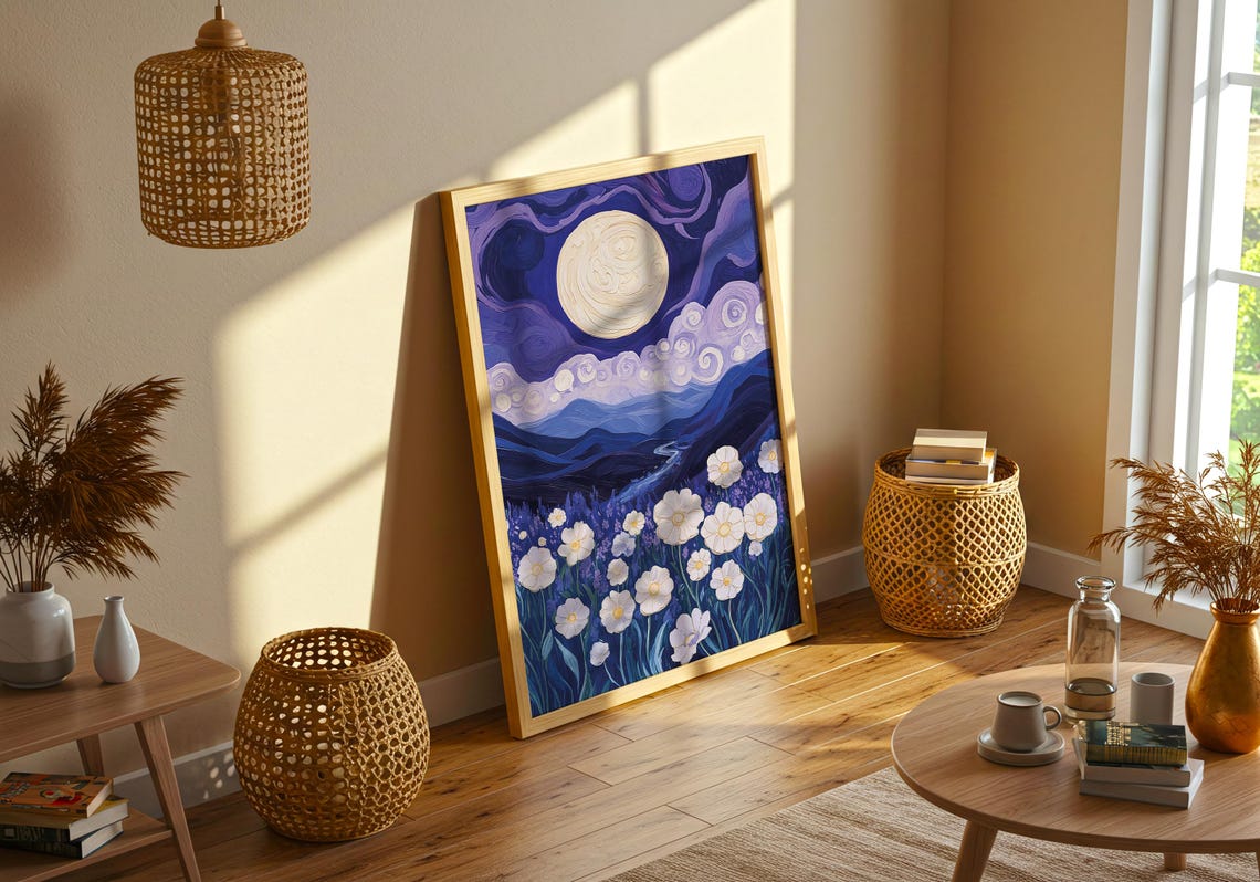 Moonlit Lavender Field White Daisies Starry Night Sky Poster - Image 2