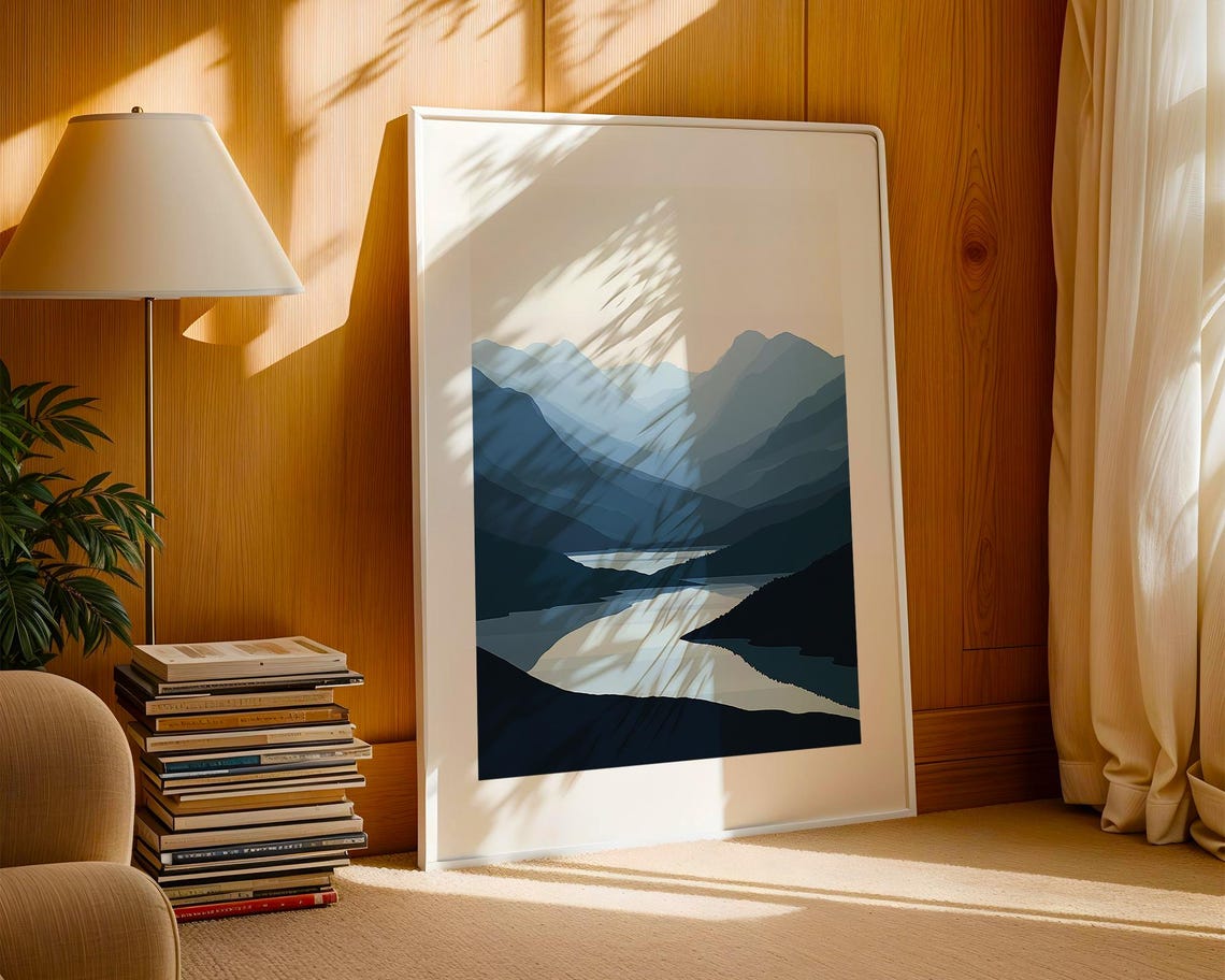Layered Blue Mountain Ranges with Winding River Valley Art Poster - Image 3