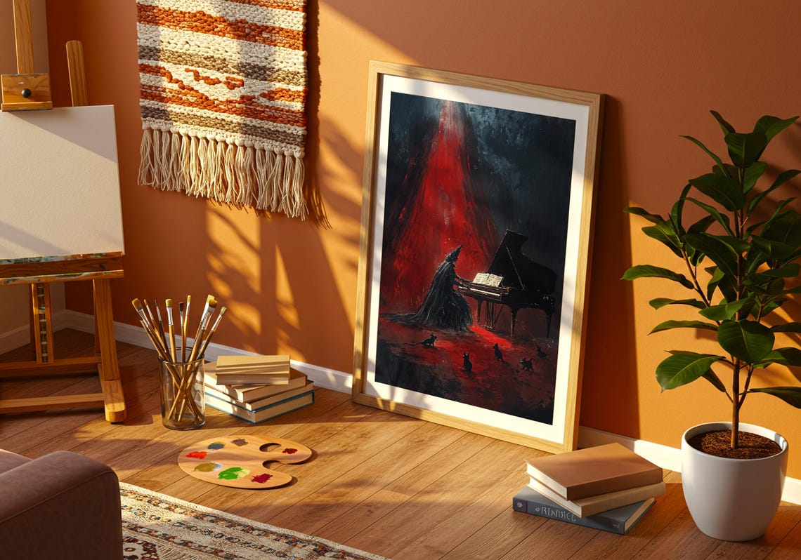 Gothic Pianist Cats Red Stage Dark Surreal Witchy Wall Poster - Image 4