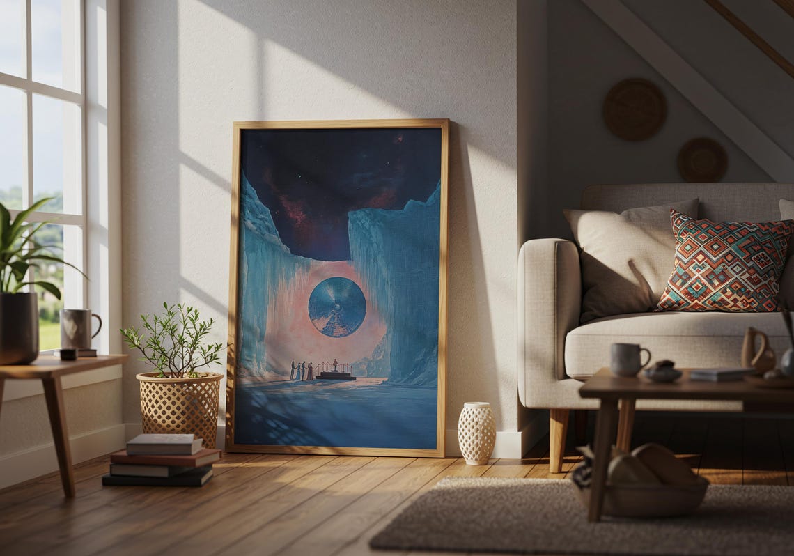 Sci Fi Ice Canyon with Glowing Blue Portal and Tiny Figures Poster - Image 2