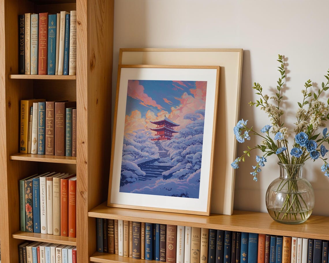 Red Pagoda Above Clouds Stone Steps Pink Sky Anime Landscape Poster - Image 2