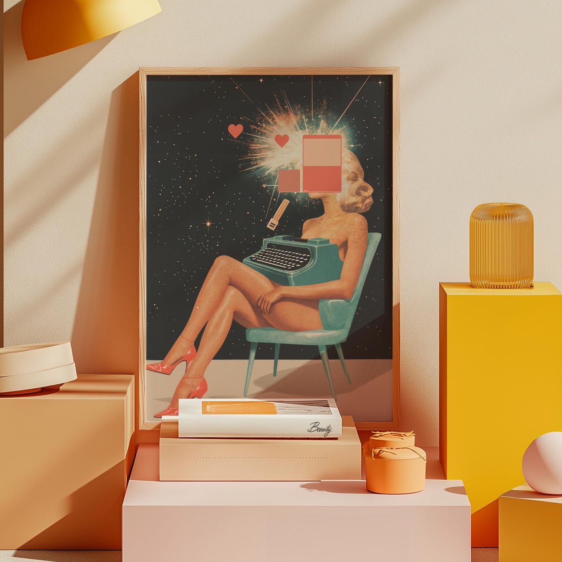 Typewriter Woman Art Print Retro Space Pop Collage Poster - Image 2