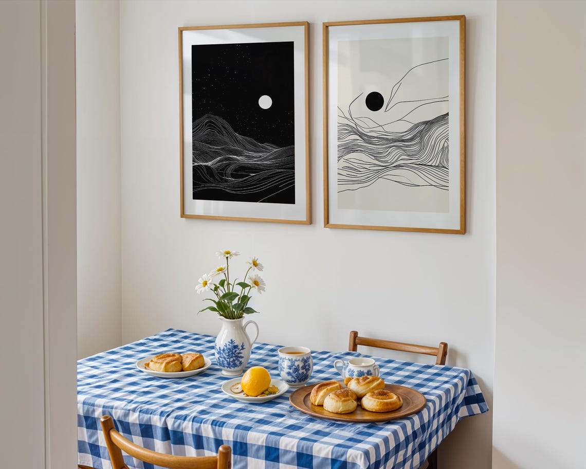 Minimalist Moon Night Line Landscape Abstract Nature Duo Art Print - Image 4