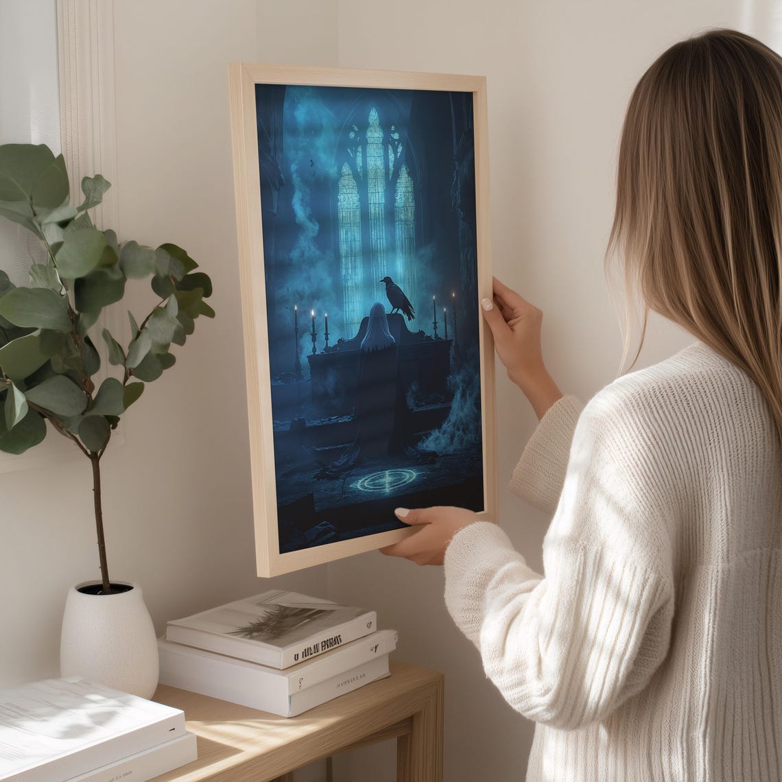 Gothic Cathedral Raven Hooded Figure Ritual Dark Blue Poster - Image 4