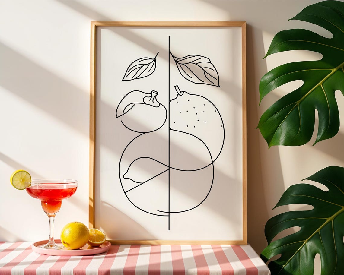 Minimalist Citrus Line Art Modern Botanical Lemon Sketch Poster