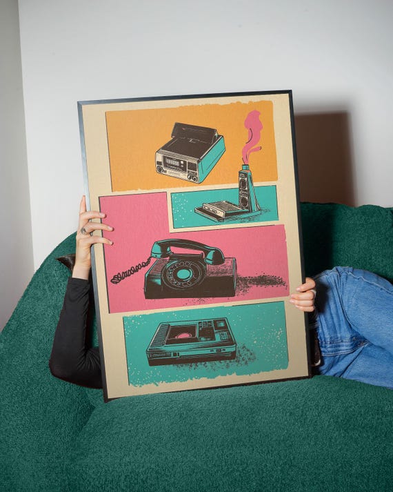 Retro Tech Pop Art Print Vintage Phone Camera Cassette Bold 80s Nostalgia Wall Decor