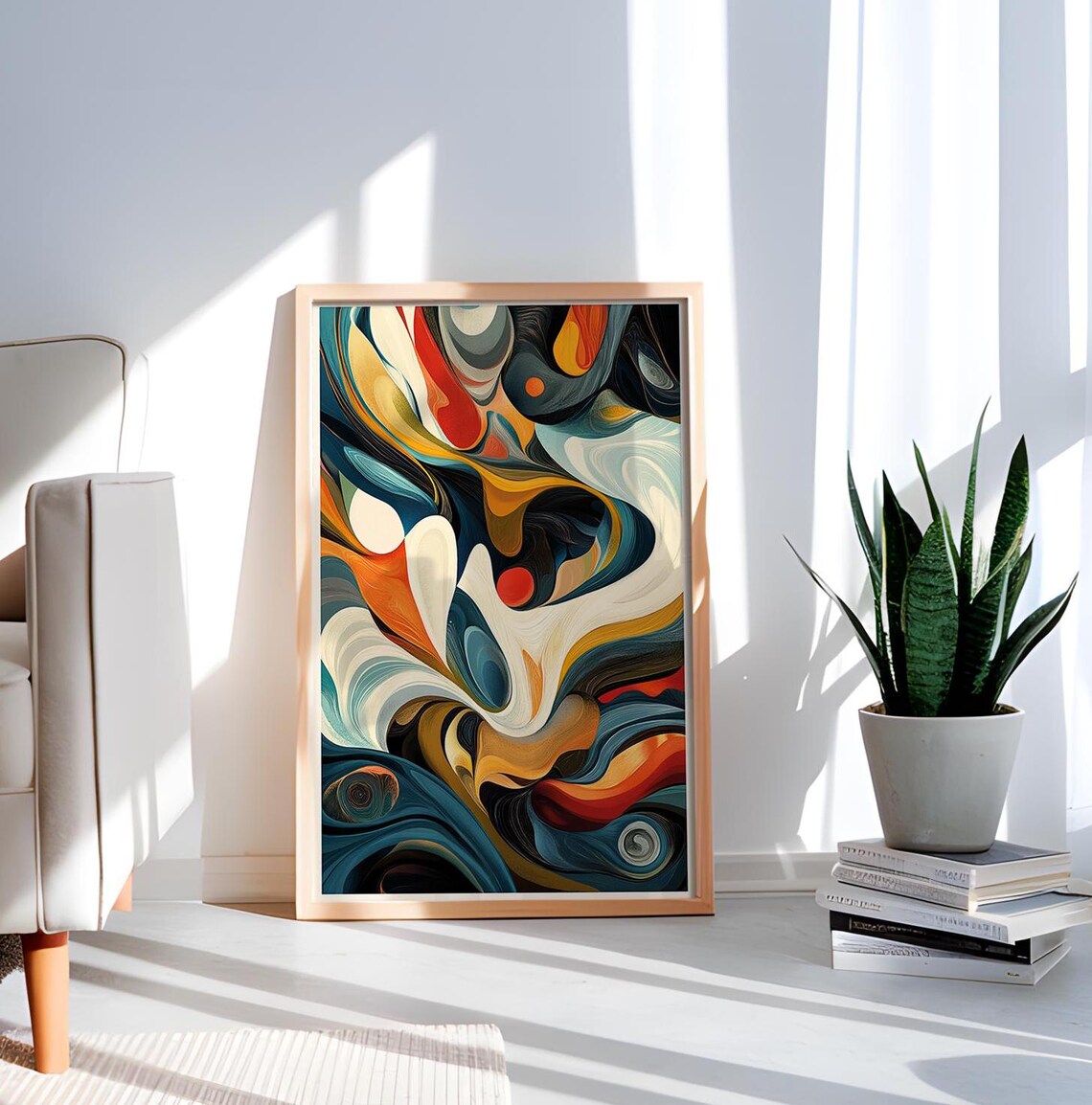 Ebru Marbled Swirl Abstract Teal Orange Fluid Painting Art Poster