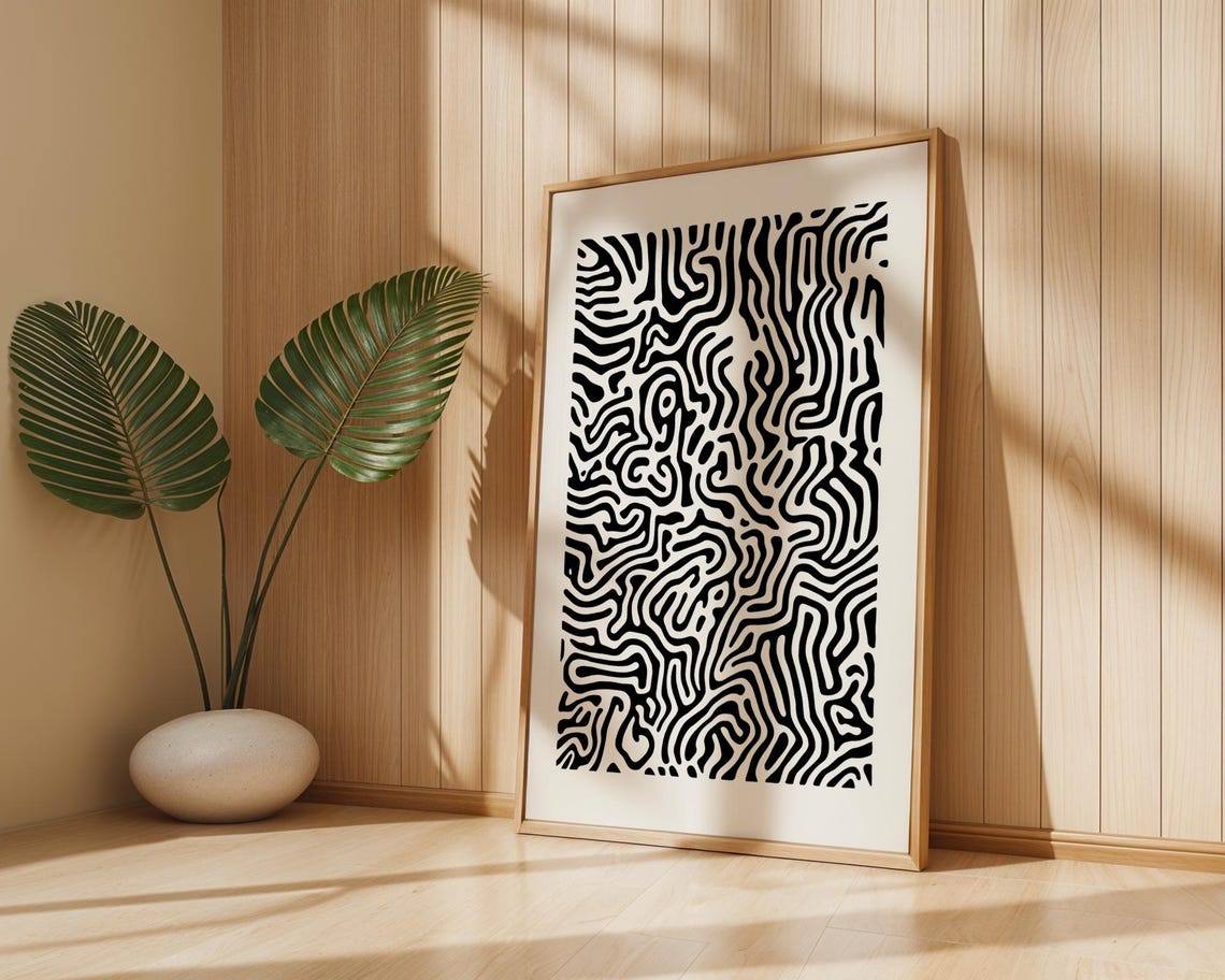 Bold Black and White Abstract Maze Labyrinth Line Art Poster - Image 3