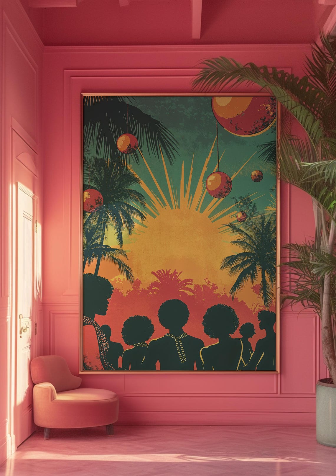 Retro Tropical Sunset Palm Trees Silhouette Crowd Vintage Art Poster - Image 4