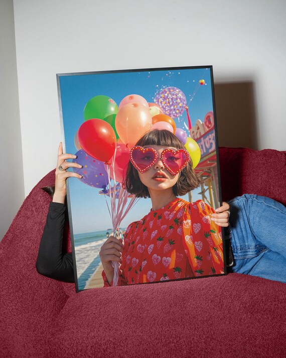 Retro Beach Balloons Woman Heart Sunglasses Pop Photo Poster
