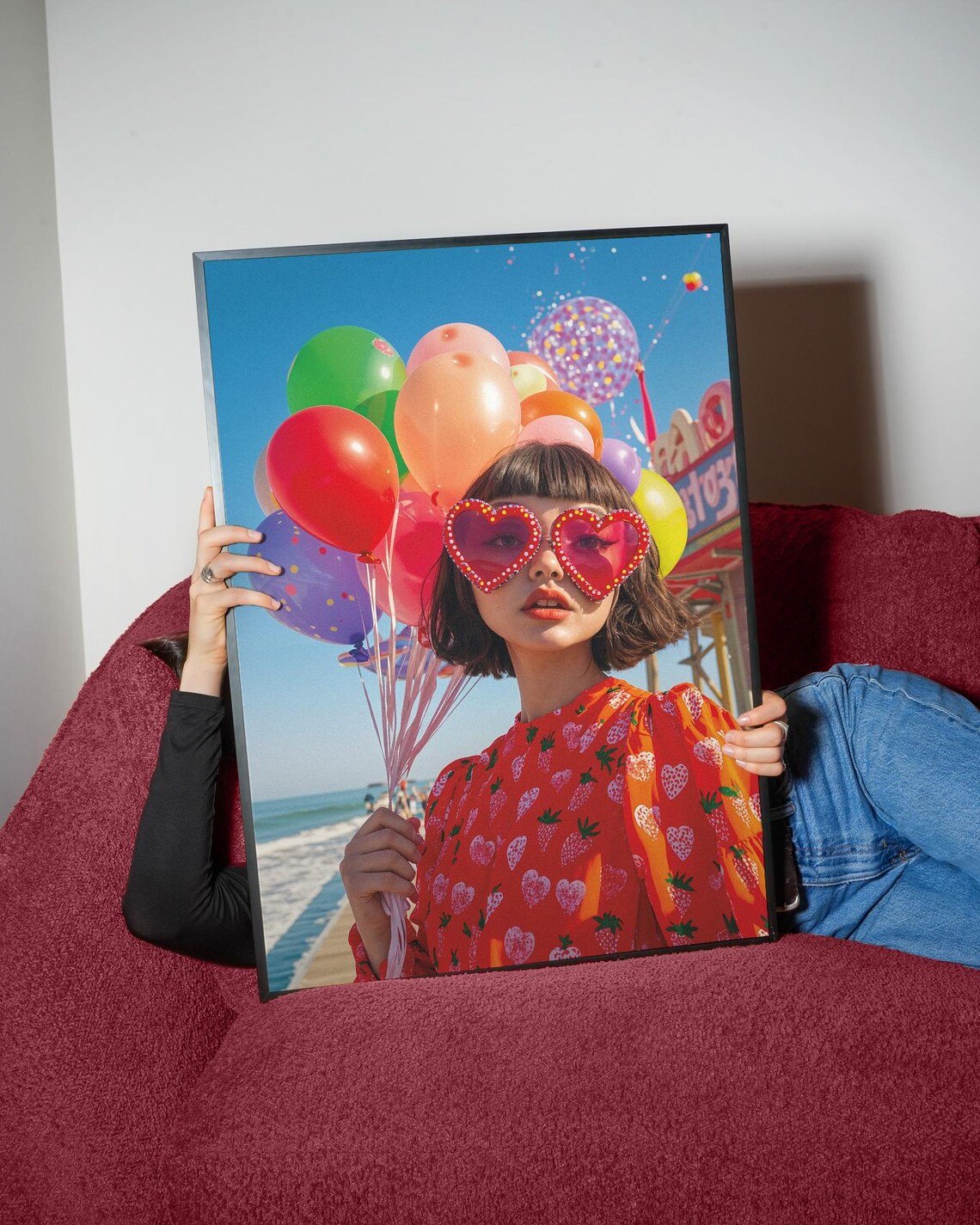 Retro Beach Balloons Woman Heart Sunglasses Pop Photo Poster