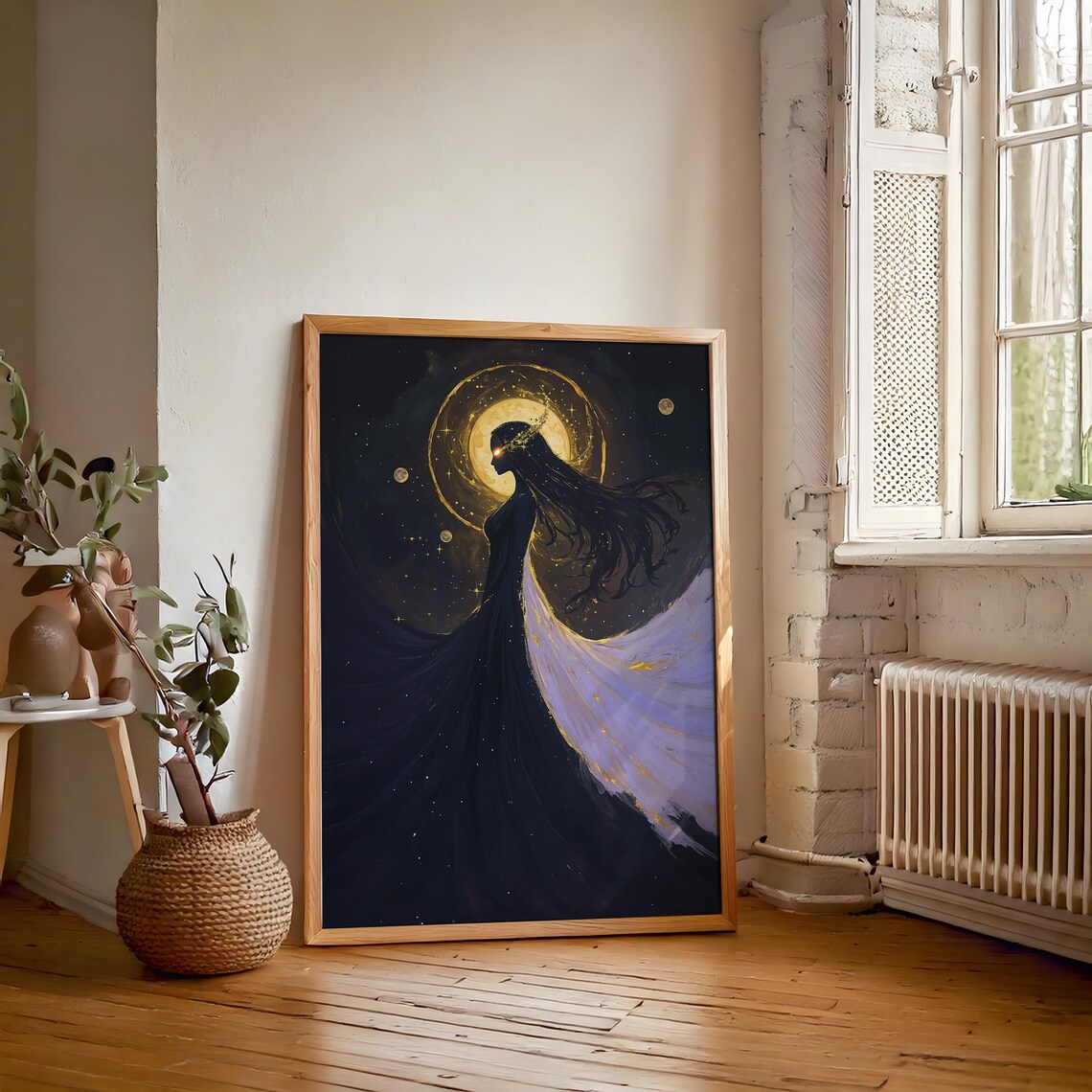 Celestial Golden Moon Halo Woman Starry Night Fantasy Art Poster - Image 5
