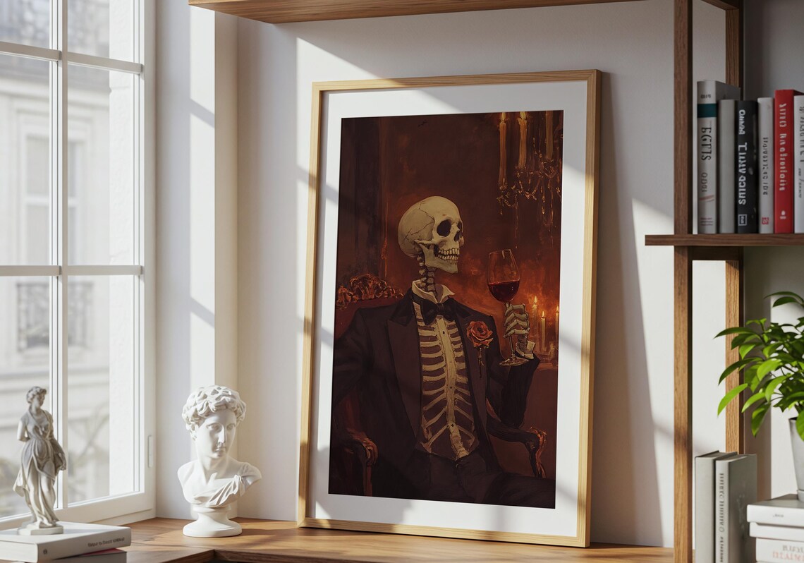 Skeleton Gentleman Tuxedo Raising Wine Glass Candlelight Gothic Humor Wall Art - Image 3