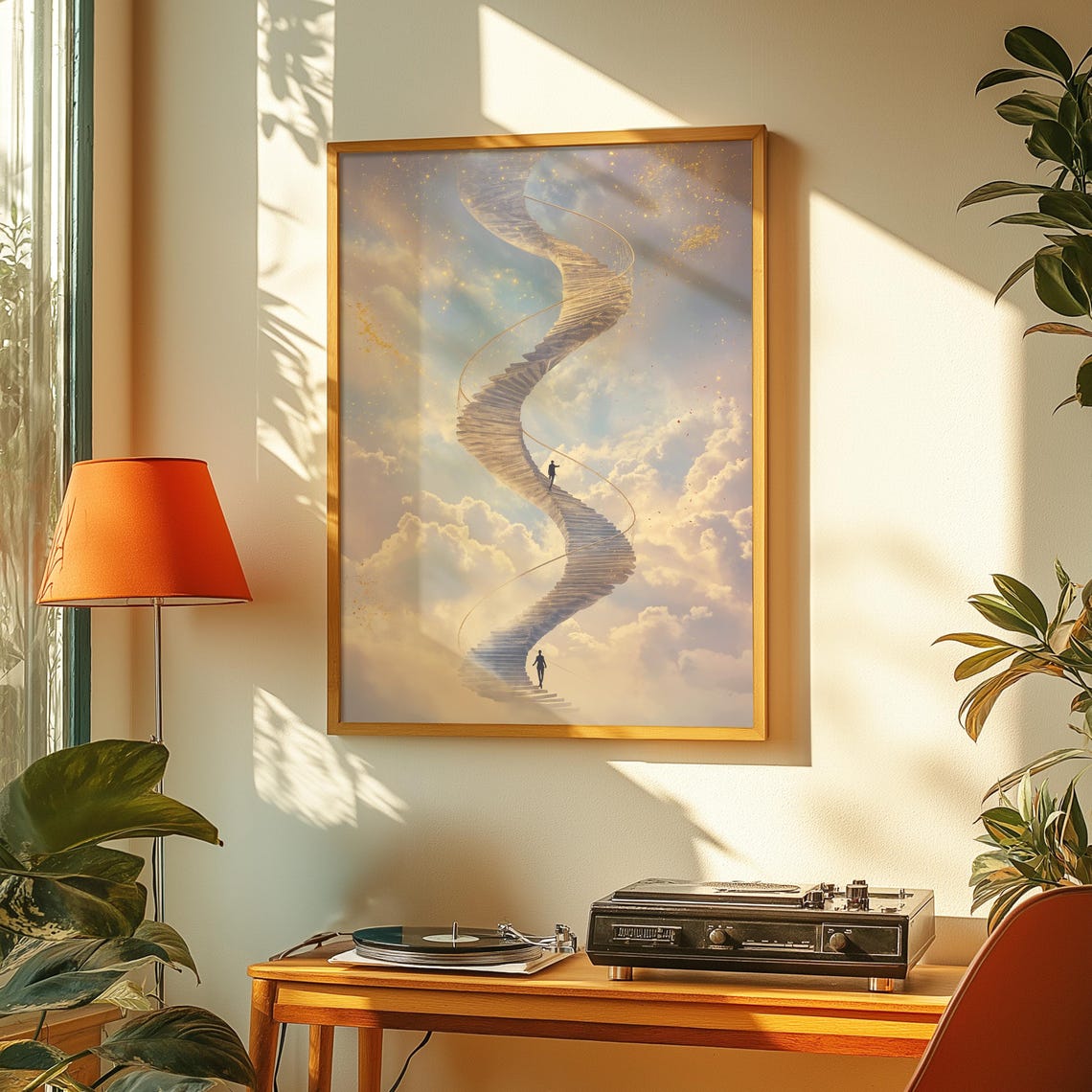 Spiral Staircase Golden Clouds Climbers Dreamlike Ascension Art Poster - Image 3