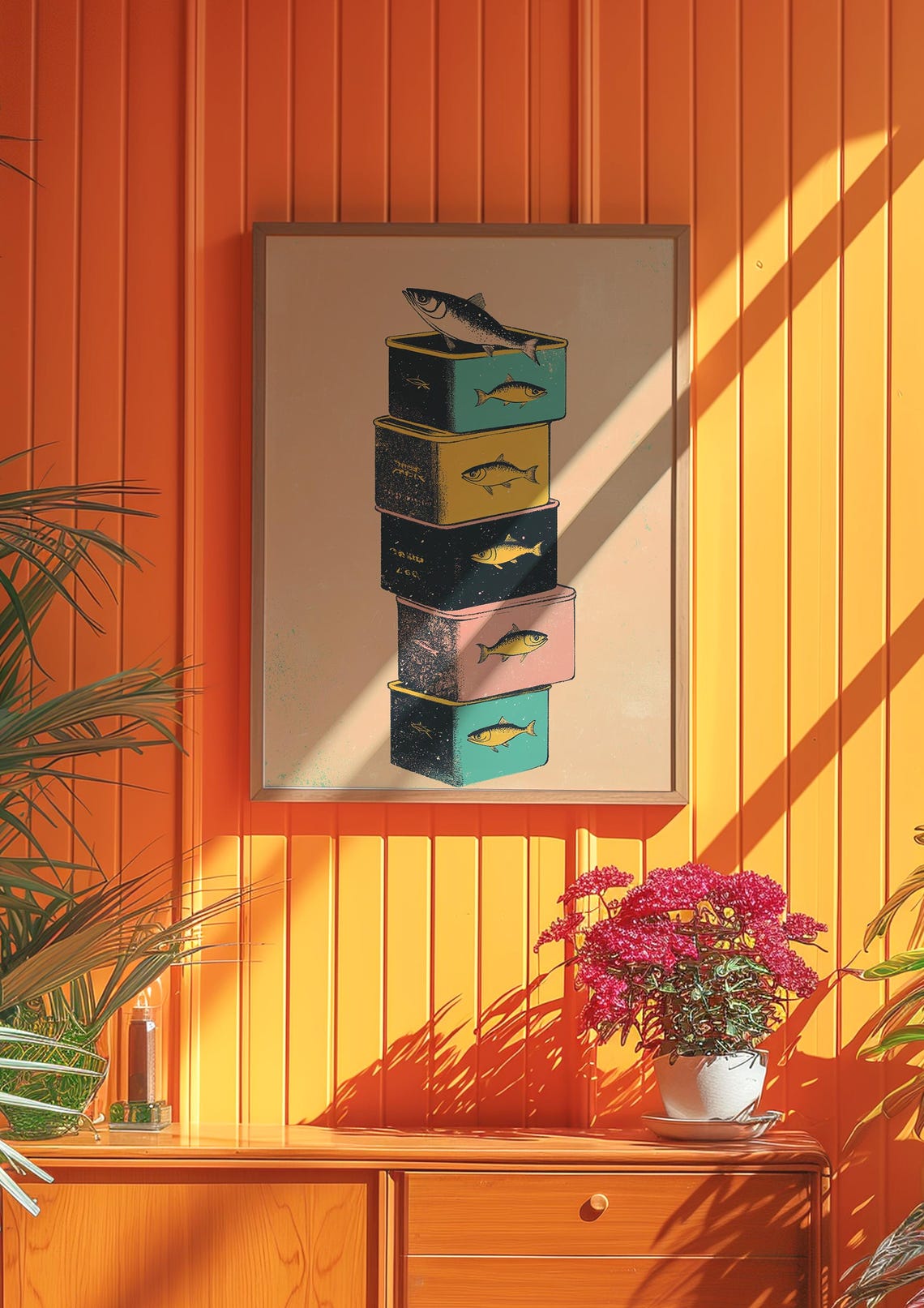 Vintage Sardine Tins Stack Retro Fish Illustration Kitchen Poster - Image 3