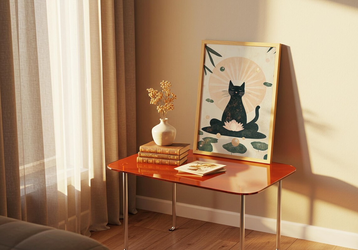 Zen Black Cat Lotus Meditation Cute Spiritual Yoga Wall Poster - Image 2