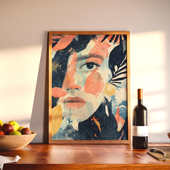 Expressive Woman Face Abstract Art Print Coral Navy Brushstroke