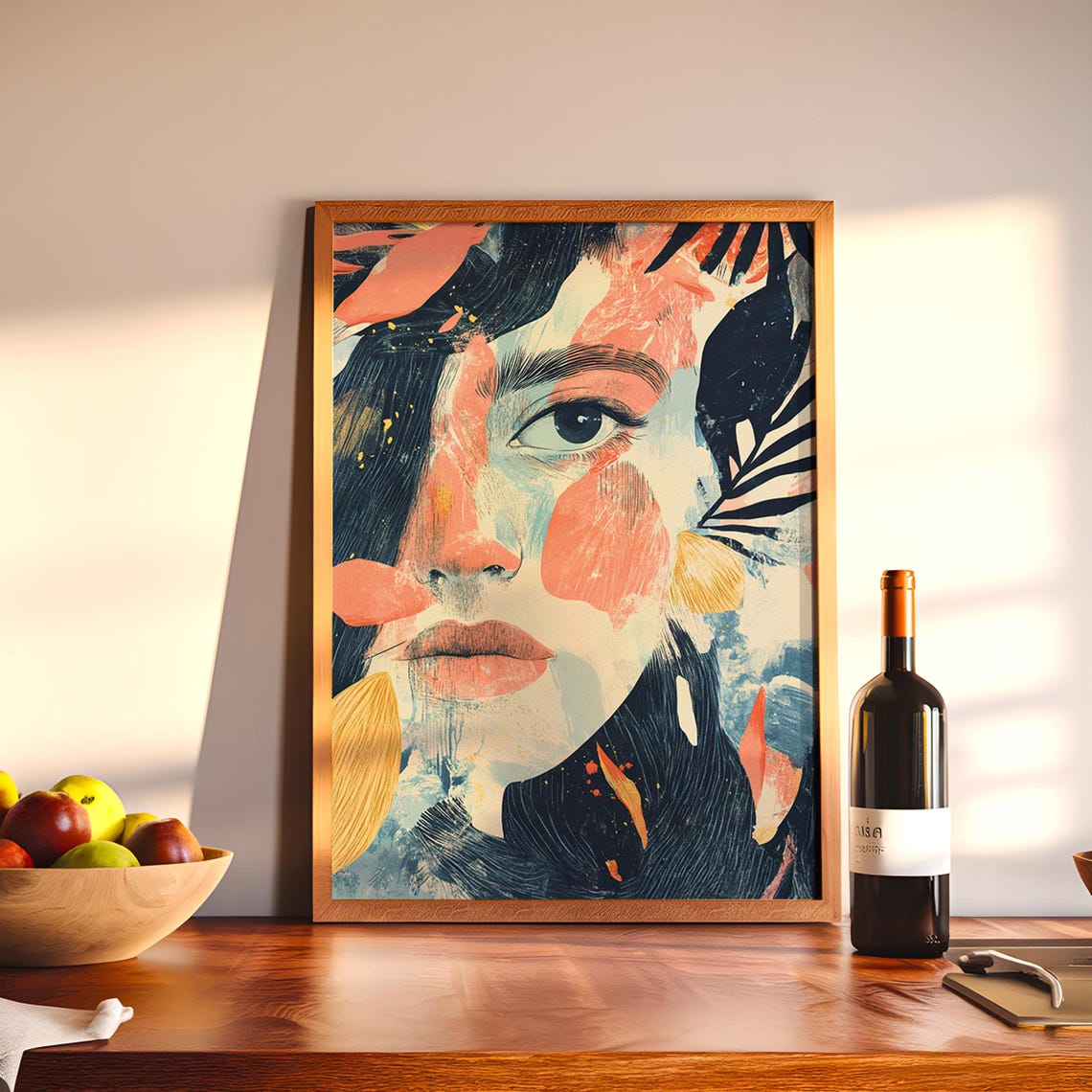 Expressive Woman Face Abstract Art Print Coral Navy Brushstroke