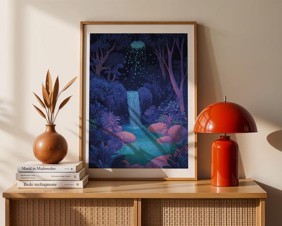 Mystical Waterfall Art Print Enchanted Forest Night Scene Dreamy Fantasy Landscape