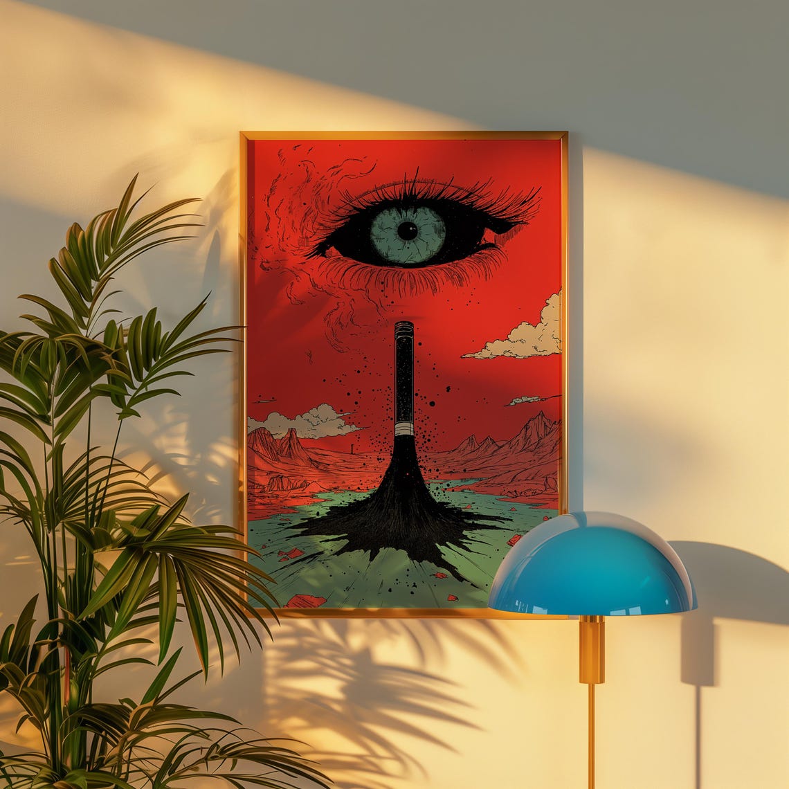 Surreal Red Comic Pop Giant Eye Ink Pen Desert Scene Art Poster - Image 3