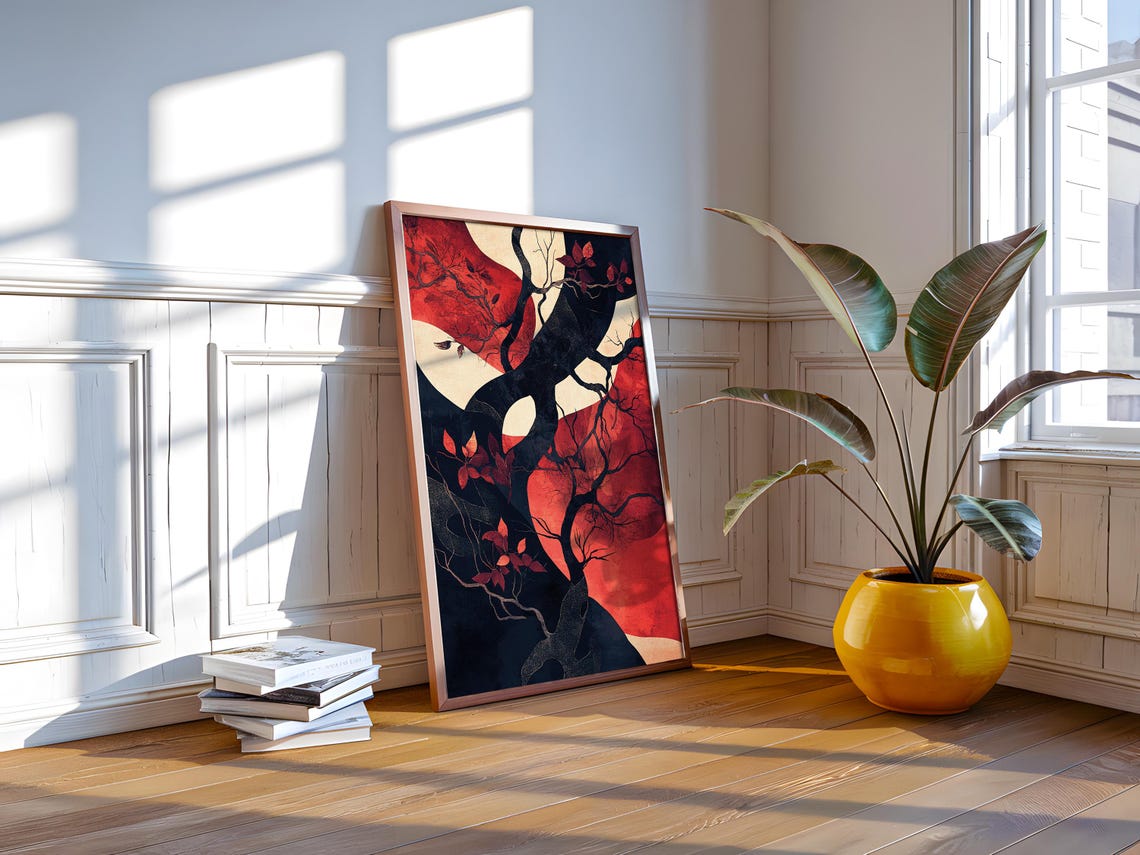 Red Moon Dark Tree Abstract Art Print Crimson Botanical Painting - Image 2