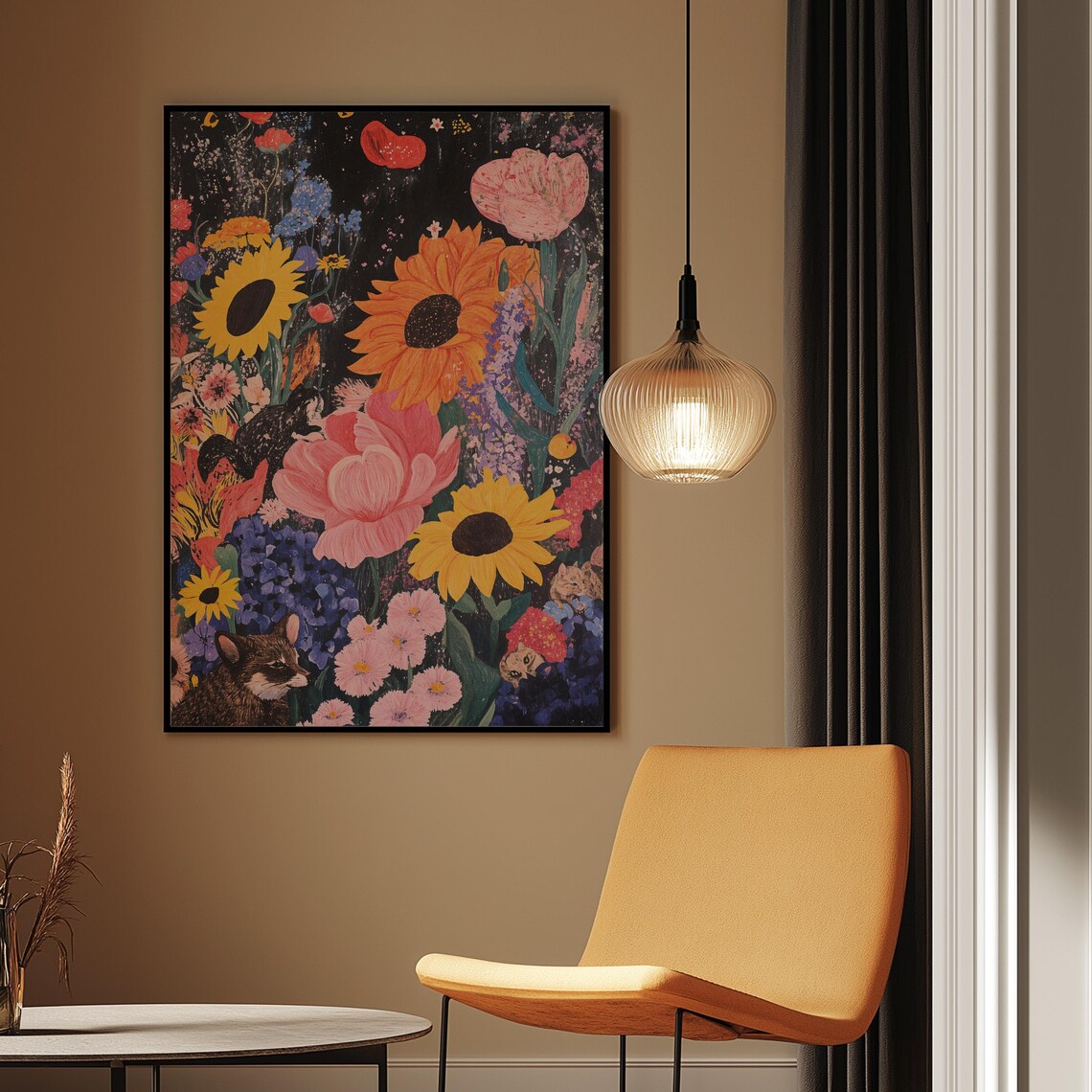 Vibrant Flower Garden Colorful Floral Cat Surreal Night Art Print - Image 4