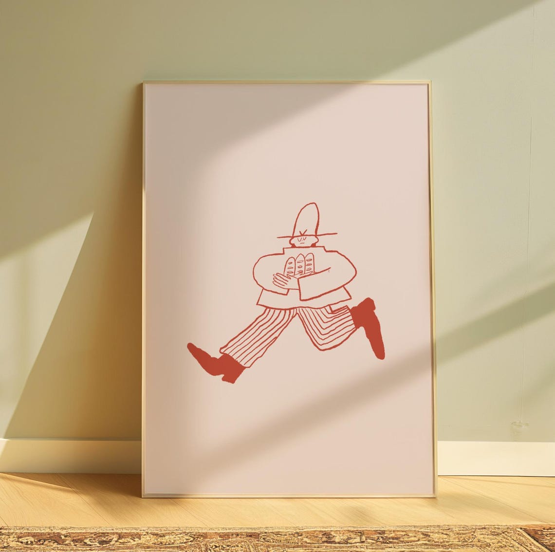 Bread Thief Running Figure Minimalist Red Line Drawing Poster