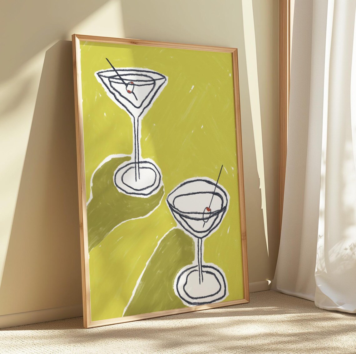Minimalist Chartreuse Martini Cocktail Glasses Midcentury Bar Wall Poster