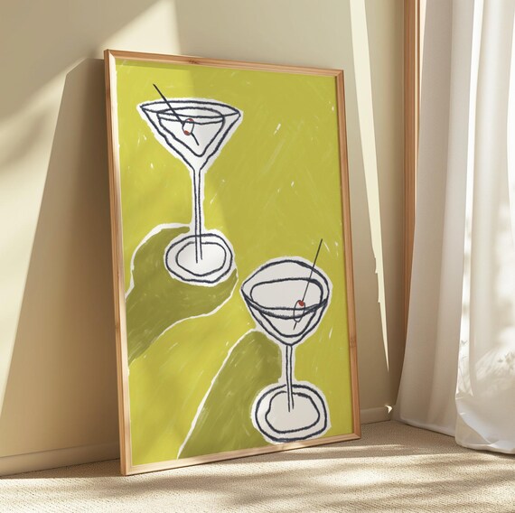 Minimalist Chartreuse Martini Cocktail Glasses Midcentury Bar Wall Poster