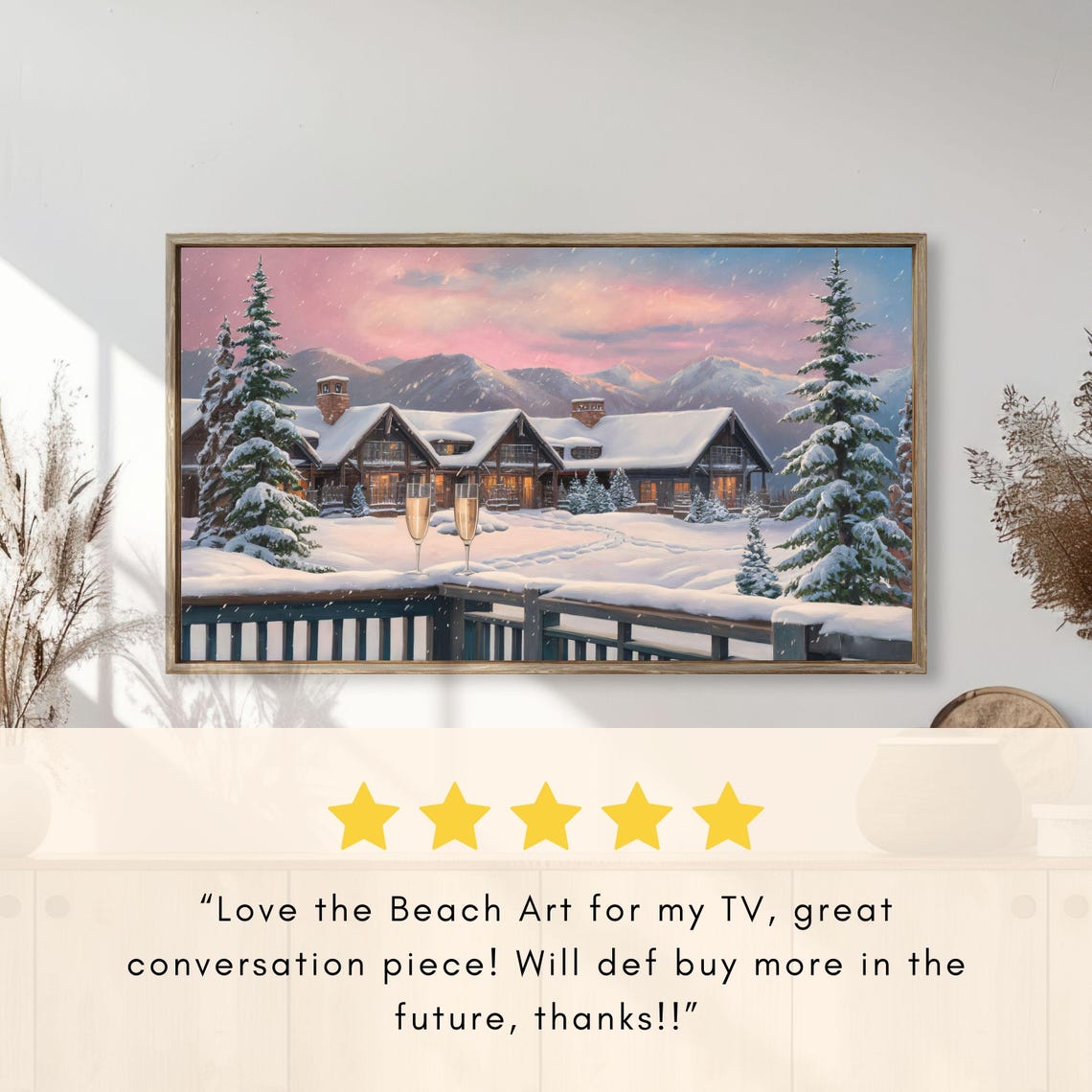 Snowy Mountain Lodge Champagne Glasses Winter Holiday Dusk Poster - Image 2