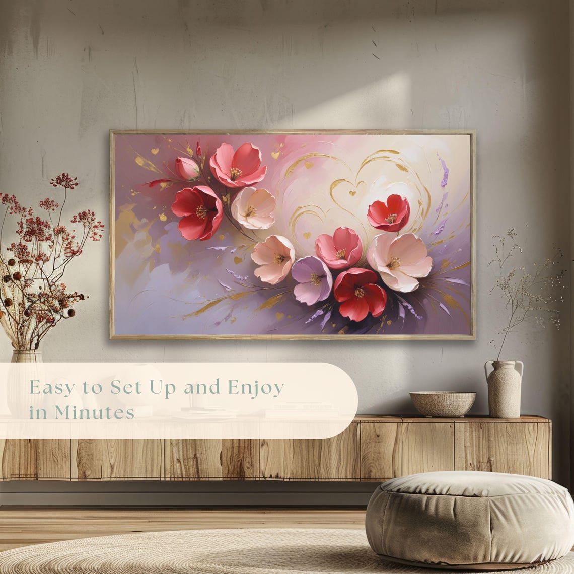 Pink Red Blossoms Gold Swirl Romantic Floral Painting Poster - Image 5
