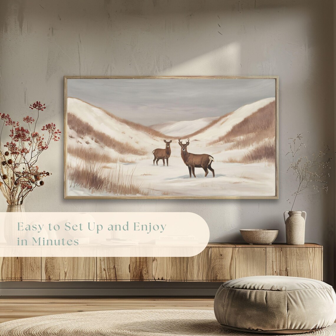 Buck And Doe Standing In Snowy Valley Winter Grasses Vintage Poster - Image 5