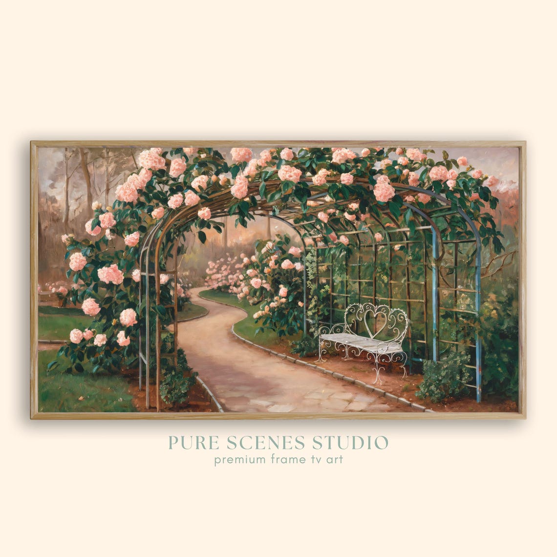Pink Climbing Roses Garden Arch Bench Vintage Painting Poster
