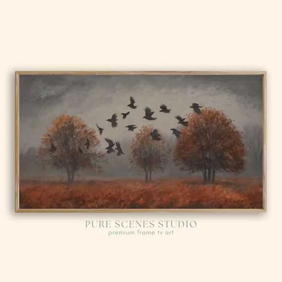 Moody Fall Frame Tv Art Autumn Field With Crows Vintage Landscape Wall Art Atmospheric Fall Decor Rustic Nature Scene