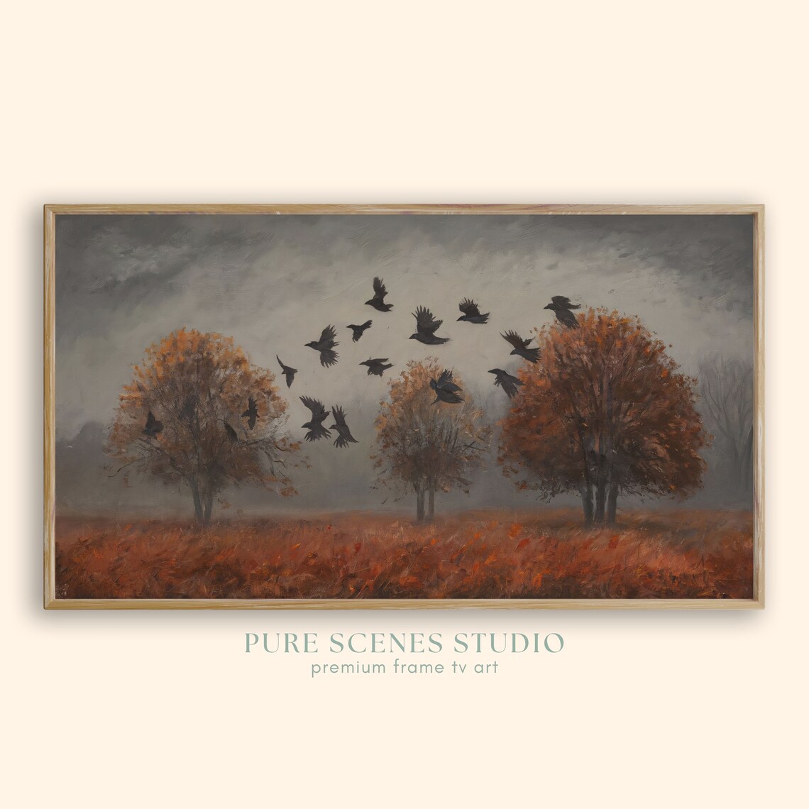 Moody Fall Frame Tv Art Autumn Field With Crows Vintage Landscape Wall Art Atmospheric Fall Decor Rustic Nature Scene