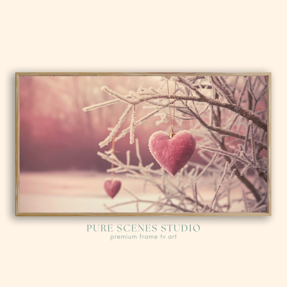 Frosty Pink Heart Ornaments Winter Bokeh Photography Art Poster