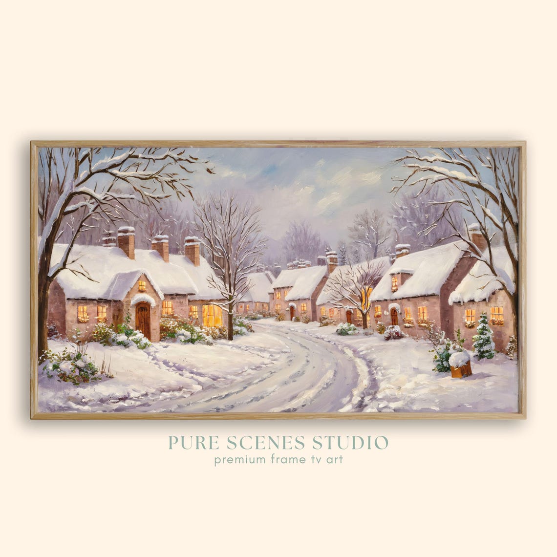 Snow Covered Village Street Winter Landscape Cozy Cottages Poster