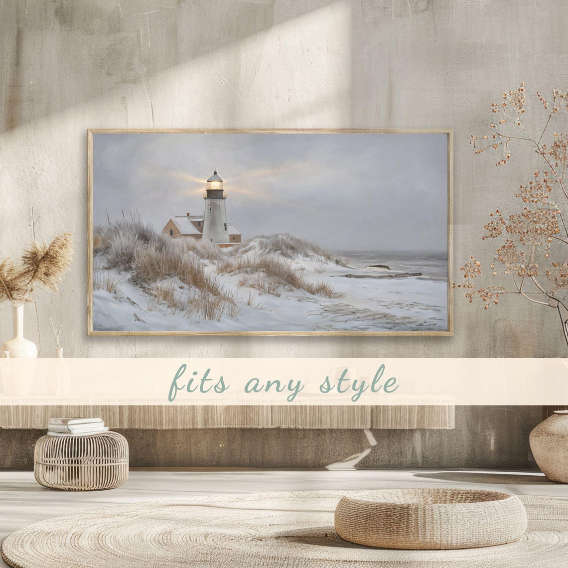 Snowy Lighthouse Sand Dunes Winter Peaceful Coastal Painting Poster - Image 3