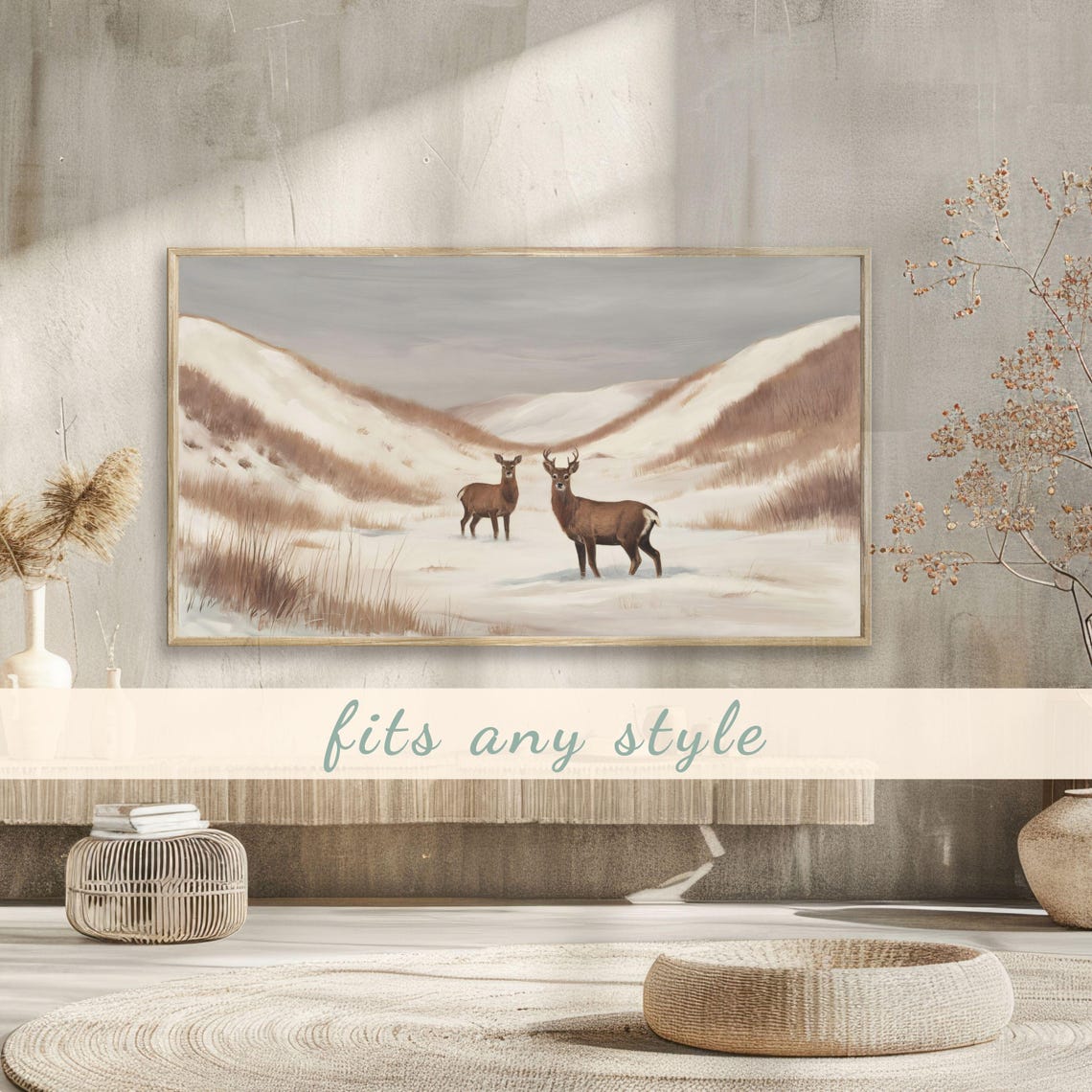 Buck And Doe Standing In Snowy Valley Winter Grasses Vintage Poster - Image 3