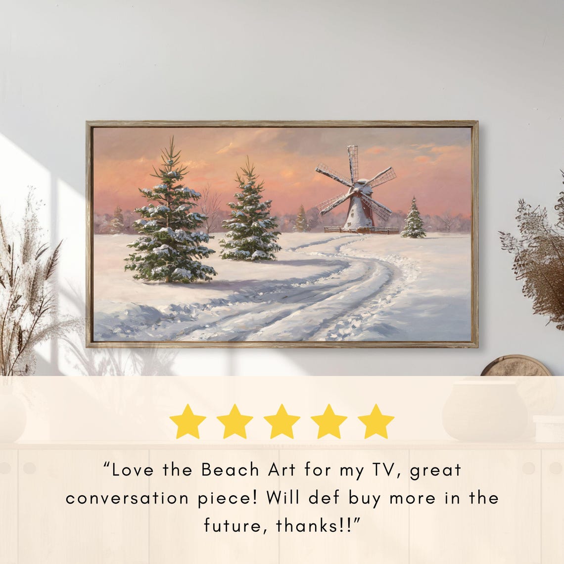 Snowy Windmill Among Frosted Pines Pink Sunset Winter Landscape Poster - Image 2