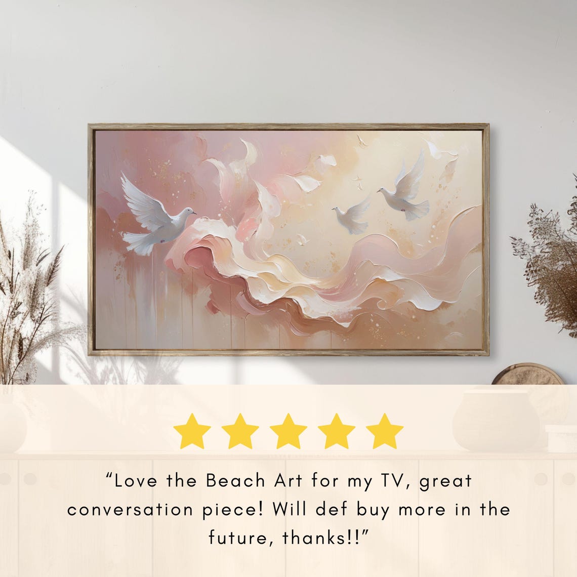 White Doves Pastel Abstract Waves Romantic Wedding Painting Poster - Image 2