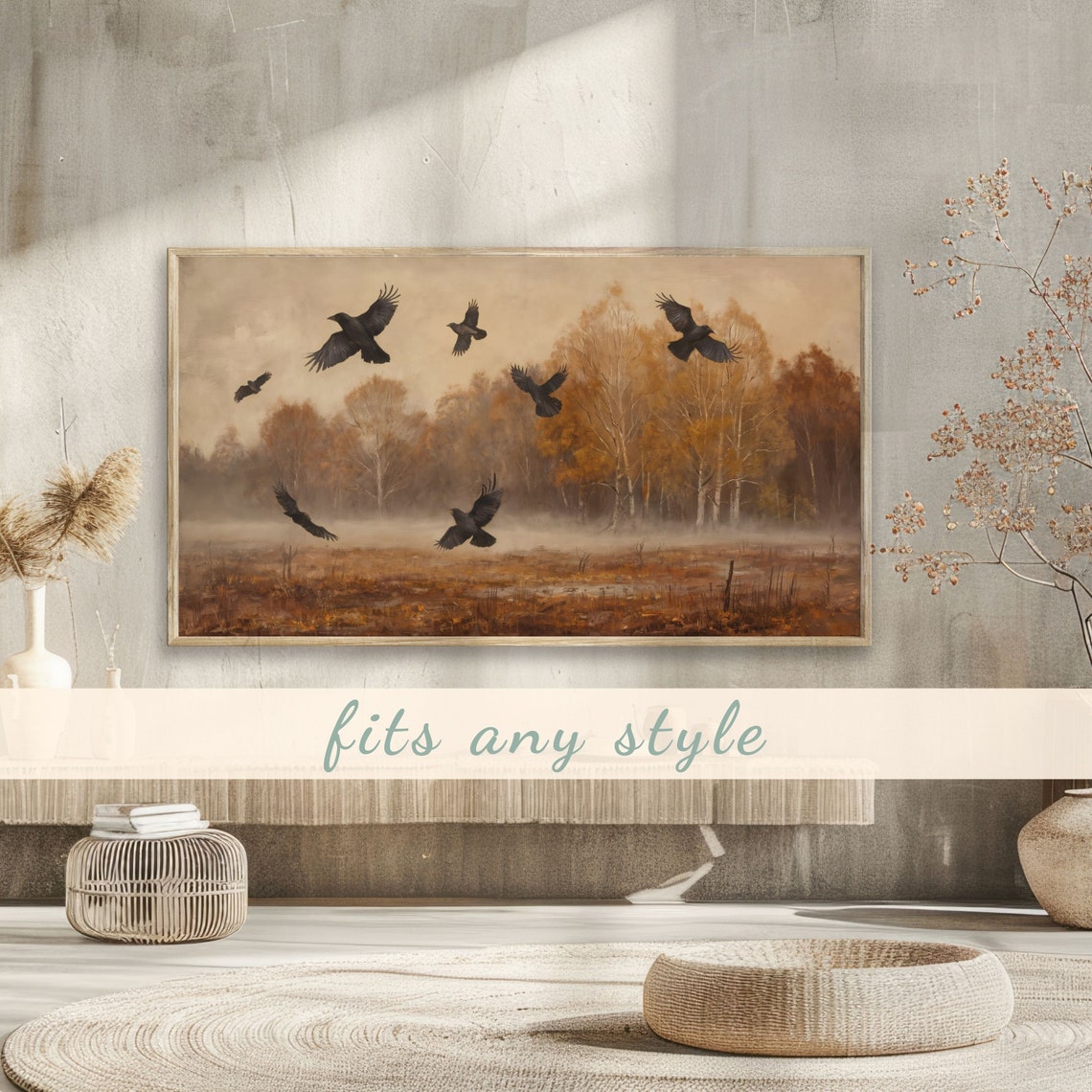 Crows Flying Over Moody Autumn Field Misty Vintage Landscape Poster - Image 3