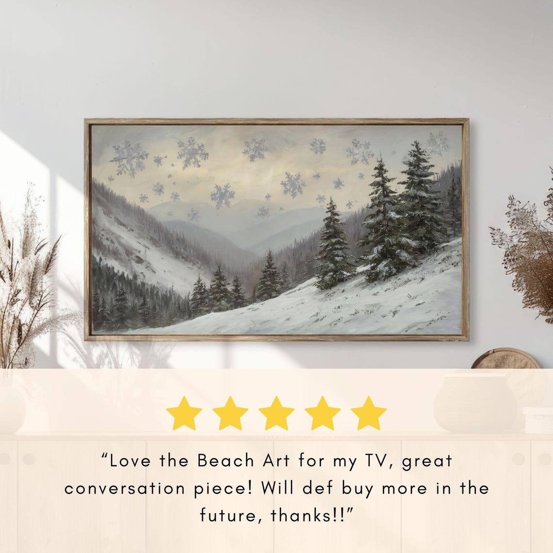 Snowy Mountain Valley Evergreens Giant Snowflakes Whimsical Sky Poster - Image 2