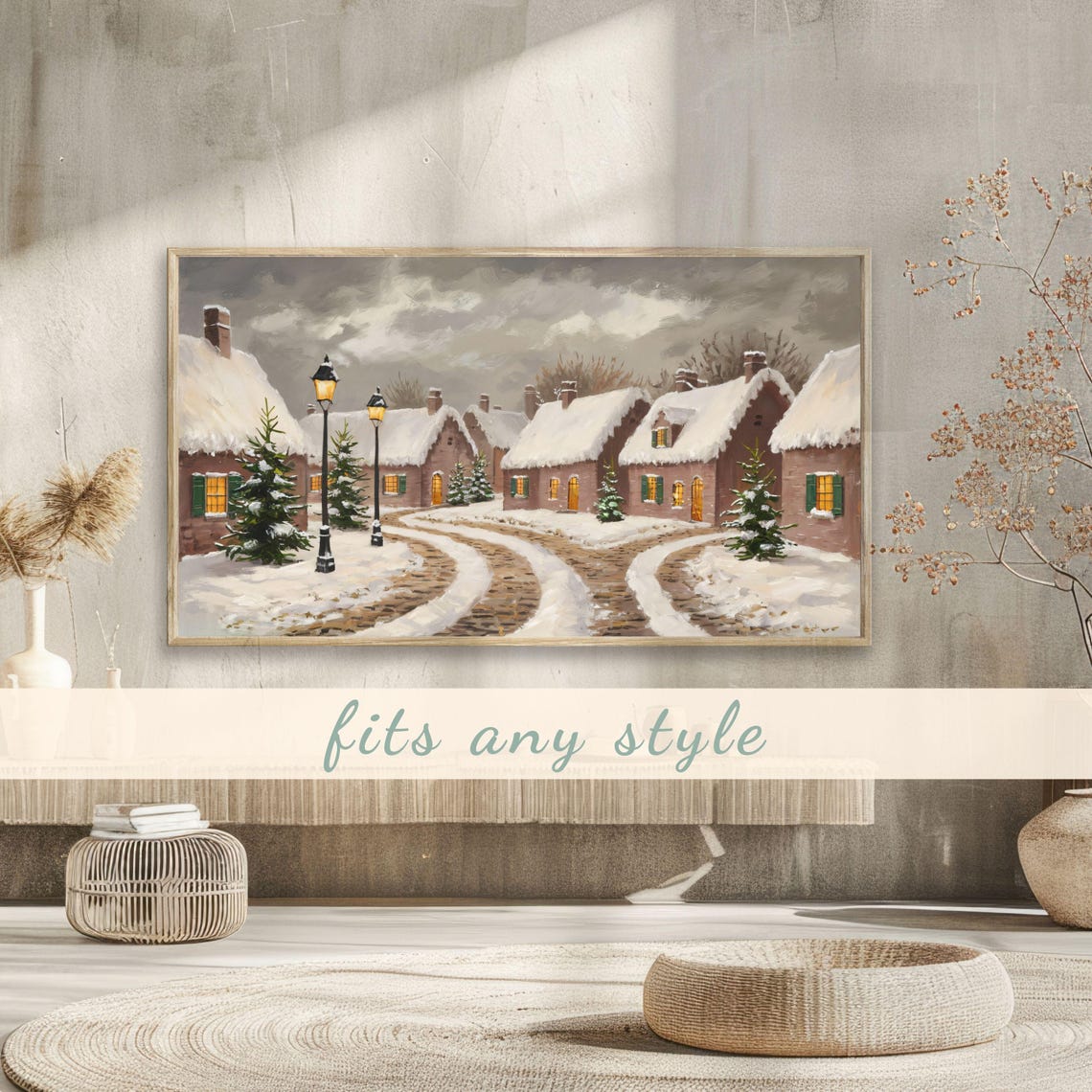 Snowy Village Winter Scene with Glowing Lamps Vintage Landscape Poster - Image 3
