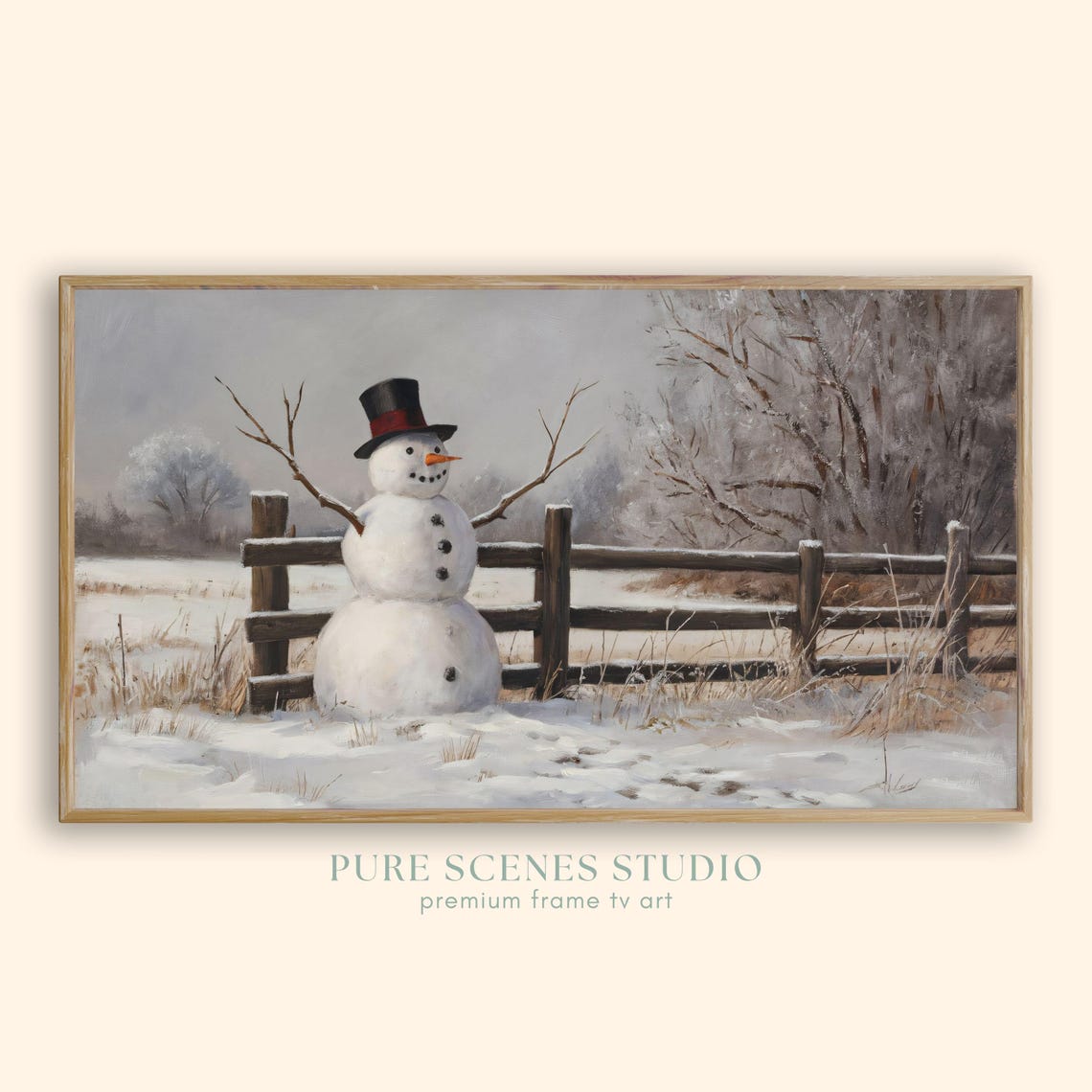 Cheerful Snowman In Top Hat By Snowy Fence Winter Painting Poster
